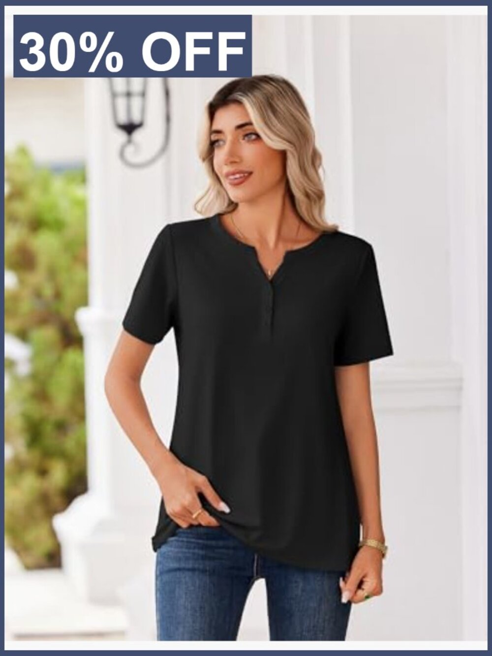 Womens V Neck Short Sleeve Blouse Summer Dressy Casual Henley Top - Picture 4 of 6